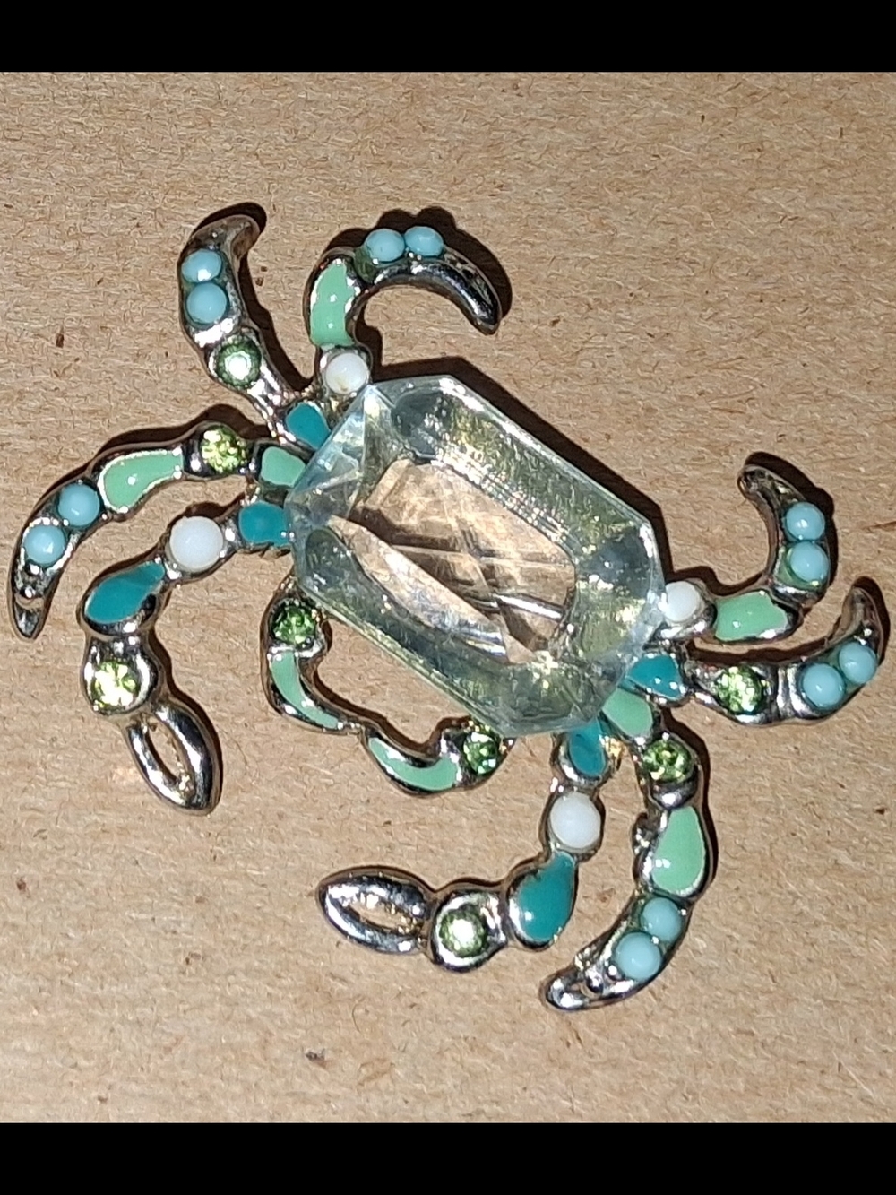 Crystal & Aqua Enamel Crab Brooch